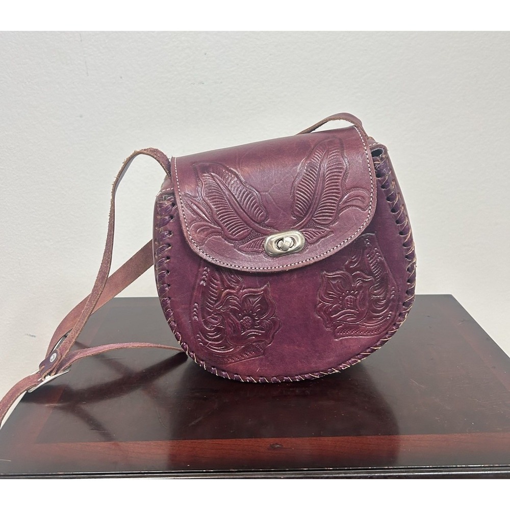 Leather Boho Purple Embossed Mexico Quality Crossbody Purse Adjustable Coachella